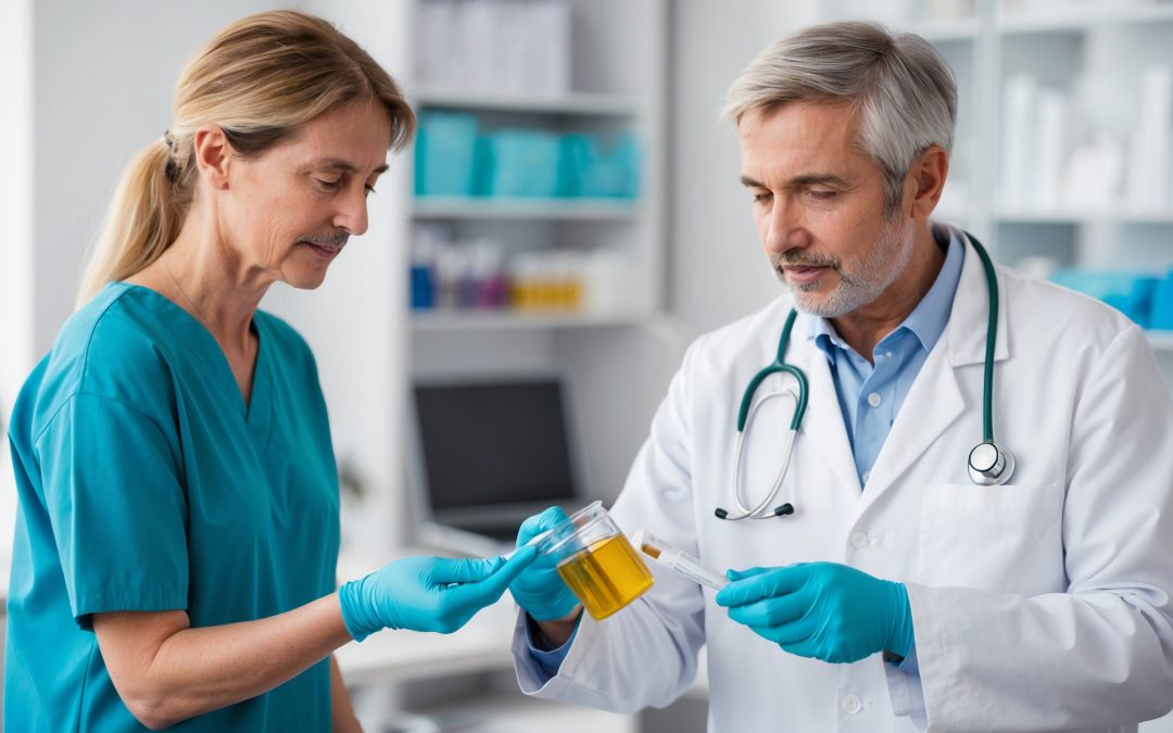 Pharmacien réalisant un dépistage d'infection urinaire avec un patient à la pharmacie